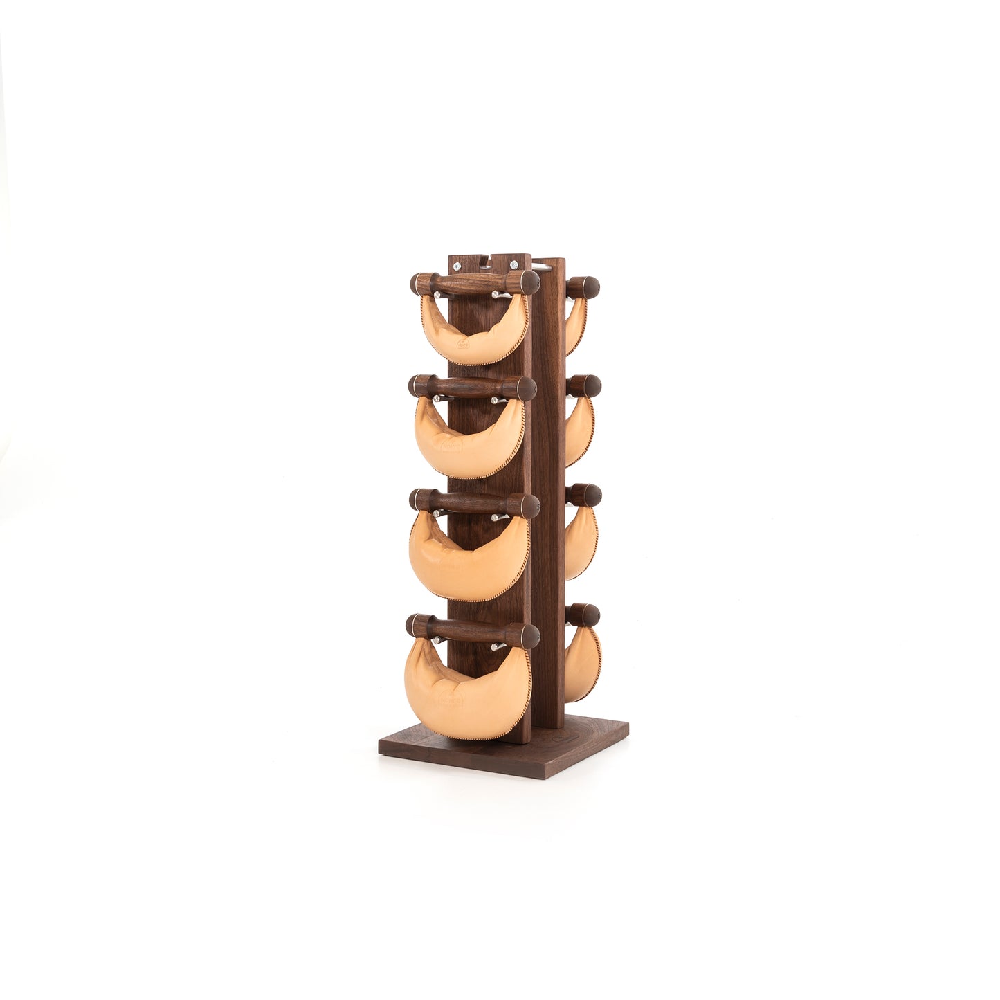 Six premium black leather swingbell are neatly arranged on a natural walnut wooden rack, highlighting craftsmanship and simplicity in design. NOHRD Swing Tower - Leather Dumbbell Set