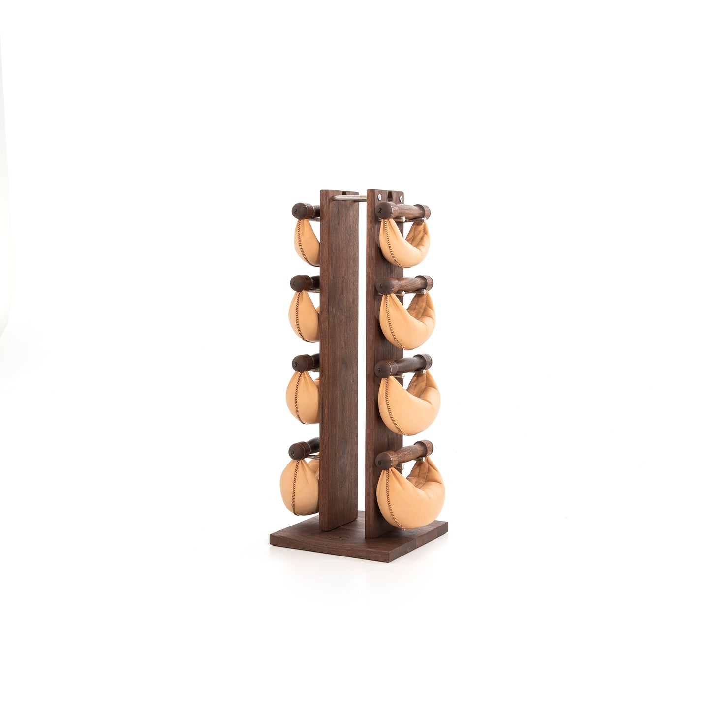 Sideview of six natural leather wooden swingbell are neatly arranged on a natural walnut wooden rack, highlighting craftsmanship and simplicity in design. NOHRD Swing Tower - Leather Dumbbell Set