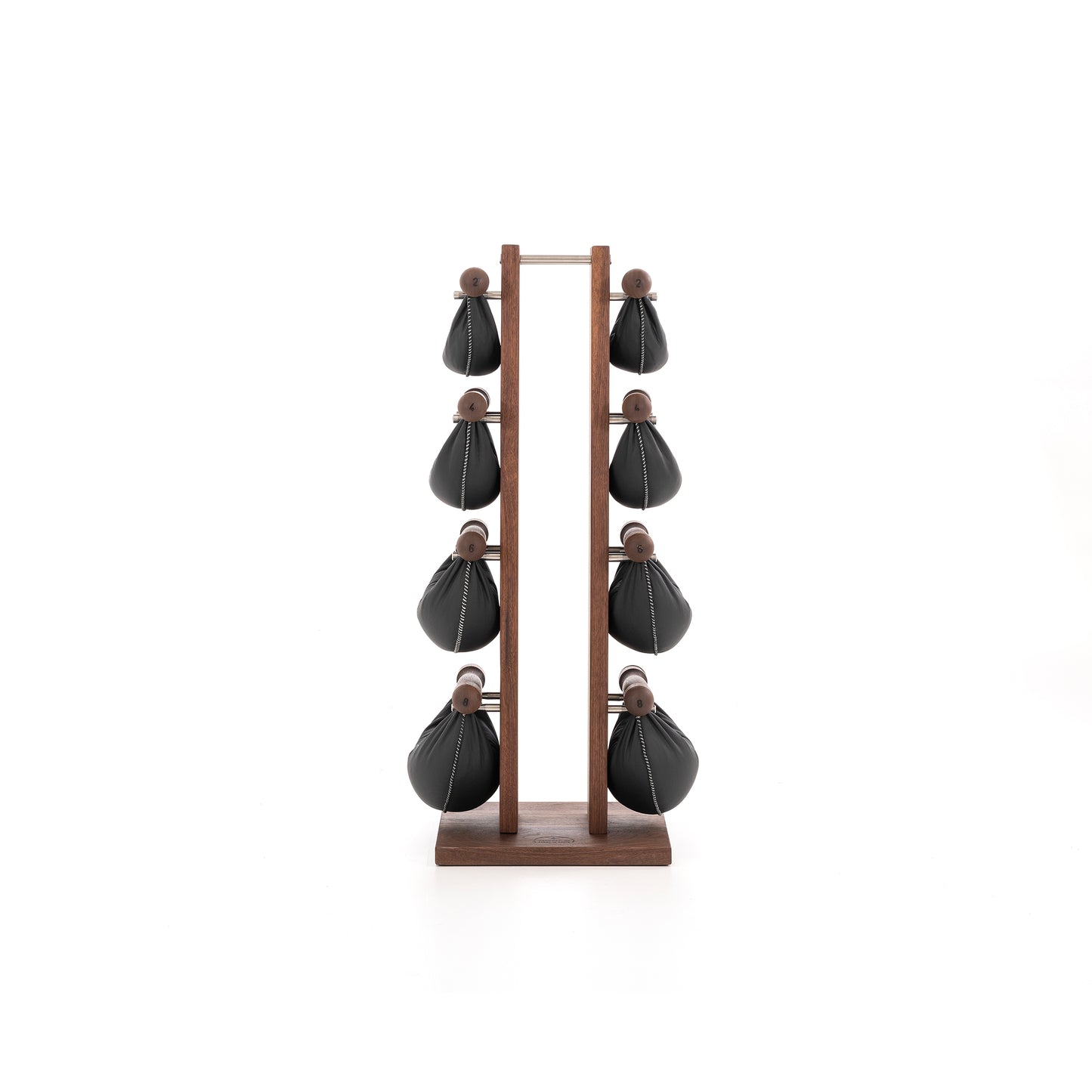Front view of six wooden swingbell with black leather, neatly arranged on a wooden rack, highlighting craftsmanship and simplicity in design. NOHRD Swing Tower - Leather Dumbbell Set