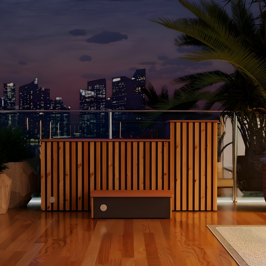 A premium cold therapy ice bath handcrafted with herringbone limed wood finish. Brass Monkey - Ice Bath.