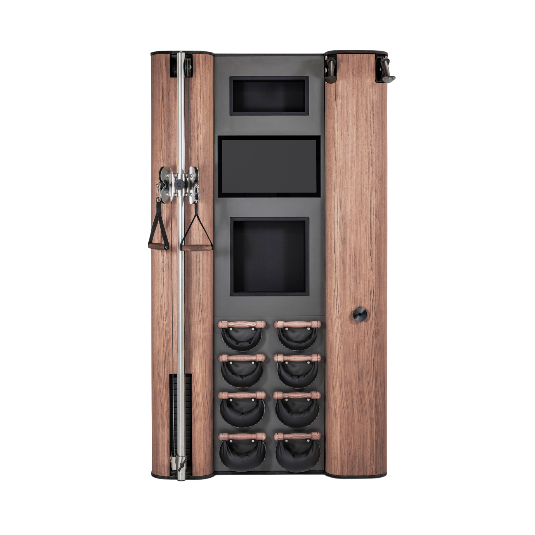 A modern full body workout equipment featuring cable machine, cross country ski trainer, four pairs of swing weight and touchscreen tablet, in vintage wood finish. NOHRD Wall Compact - All-in-One Exercise Wall