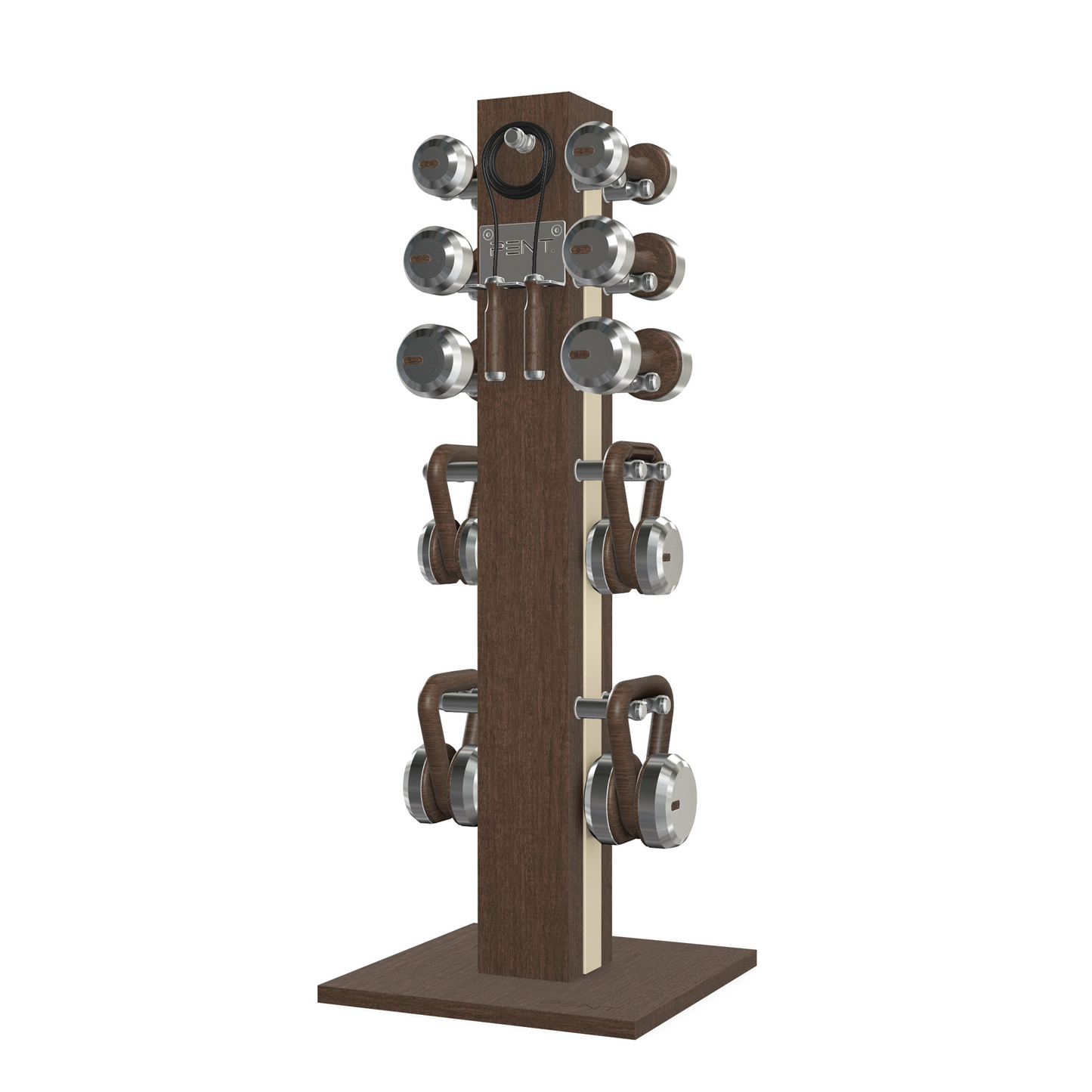 Dumbbells, kettlebells and skipping rope on a vertical dark walnut wooden stand with beige leather, luxury fitness equipment.