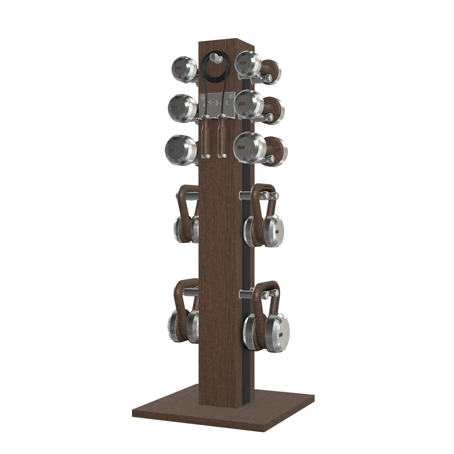 Dumbbells, kettlebells and skipping rope on a vertical dark walnut wooden stand with black leather, luxury fitness equipment.