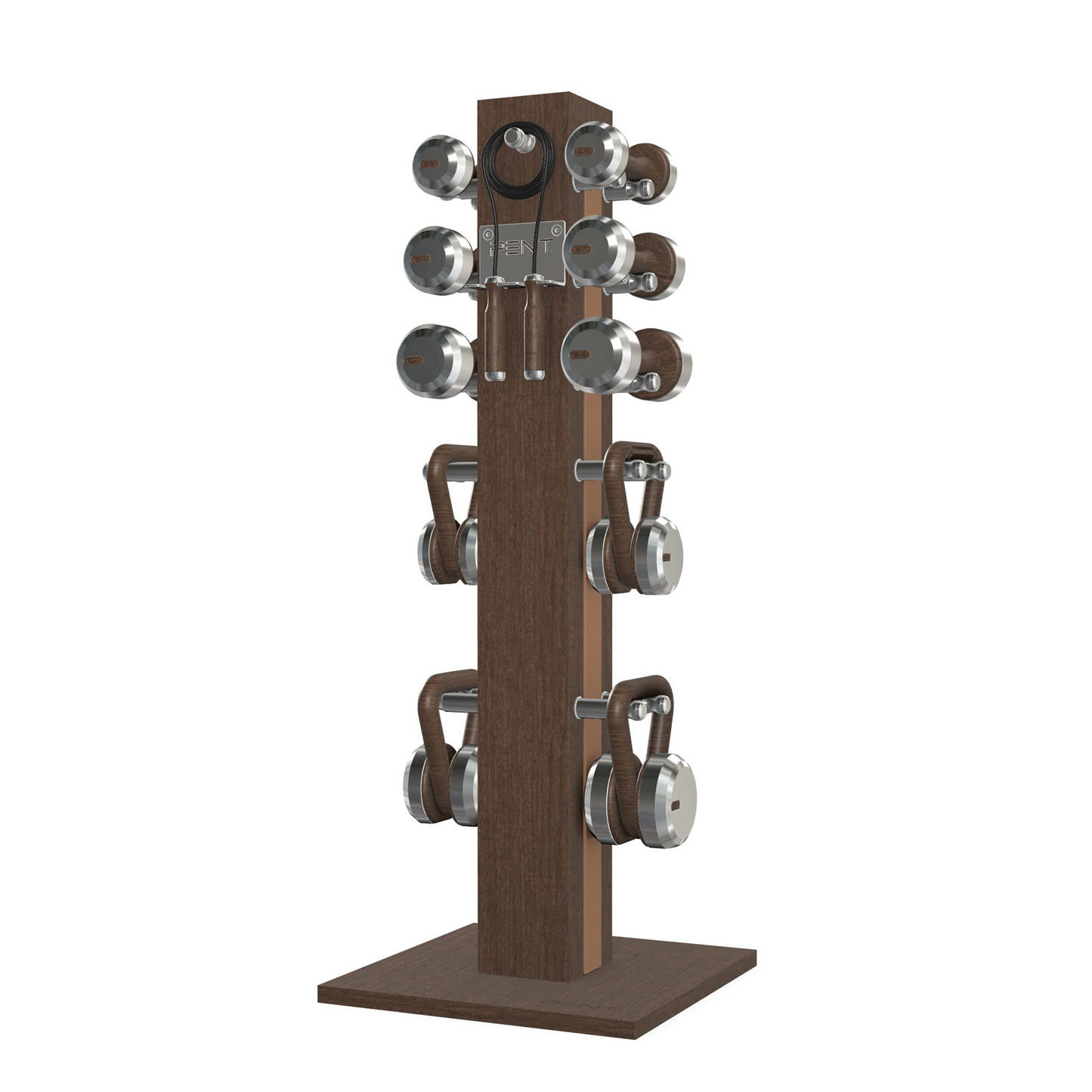 Dumbbells, kettlebells and skipping rope on a vertical dark walnut wooden stand with brown leather, luxury fitness equipment.