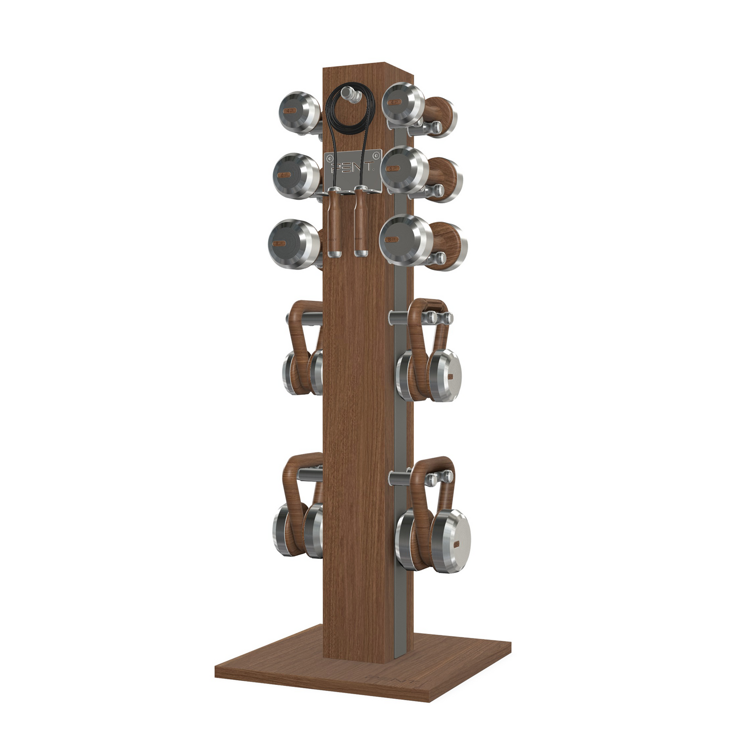 Dumbbells, kettlebells and skipping rope on a vertical walnut wooden stand with grey leather, luxury fitness equipment.