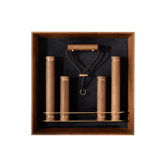 Kenko Wall Set “M” – minimalist wall-mounted fitness kit in walnut wood with brass accents.