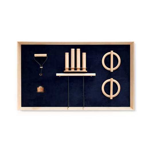 Kenko Wall Set “L” – sculptural wall-mounted fitness set in maple with brass accents.