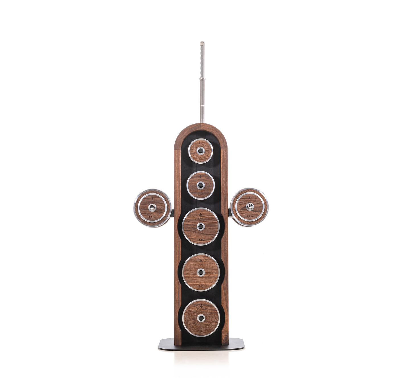 Luxury wooden & stainless steel weight plate set with barbell and dumbbell plates on a sleek vertical walnut wooden rack. Premium gym equipment for strength training. NOHRD Weight Plates - Barbell & Dumbbells Tower