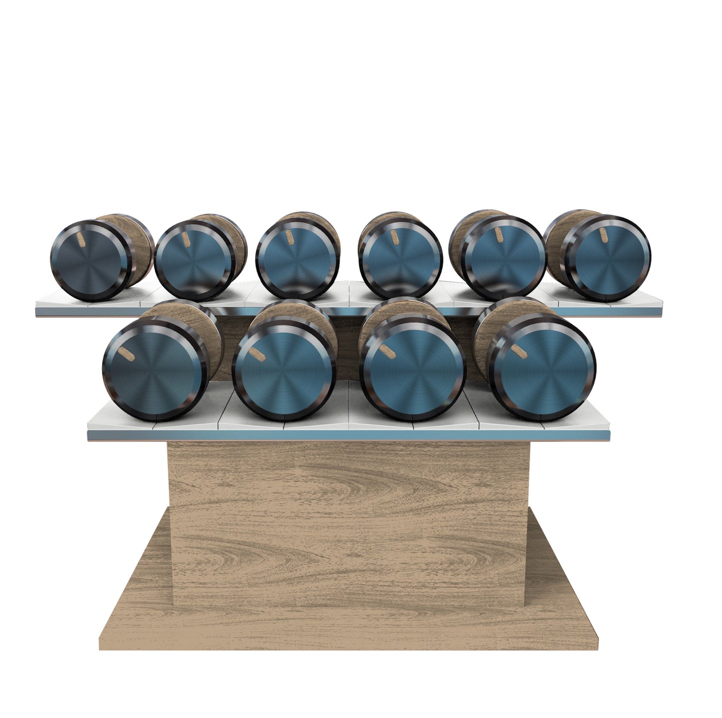 Twelve oak wood dumbbells on horizontal oak wooden stand with white leather clad. PENT. COLMIA Ultra Power Set - Dumbbells on a Horizontal Wooden Stand