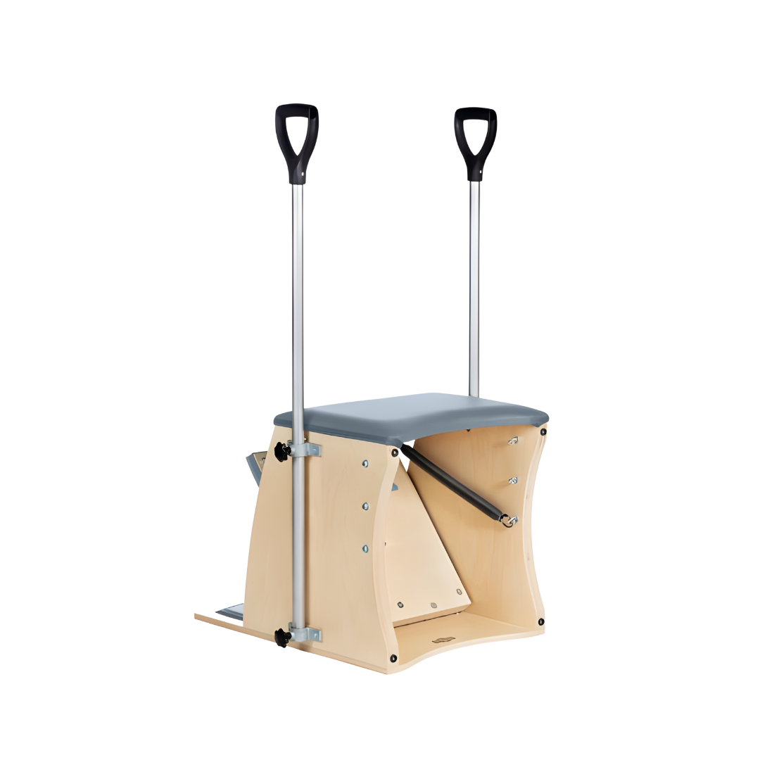 Back view of Pilates Wunda Chair highlighting stainless steel adjustments.