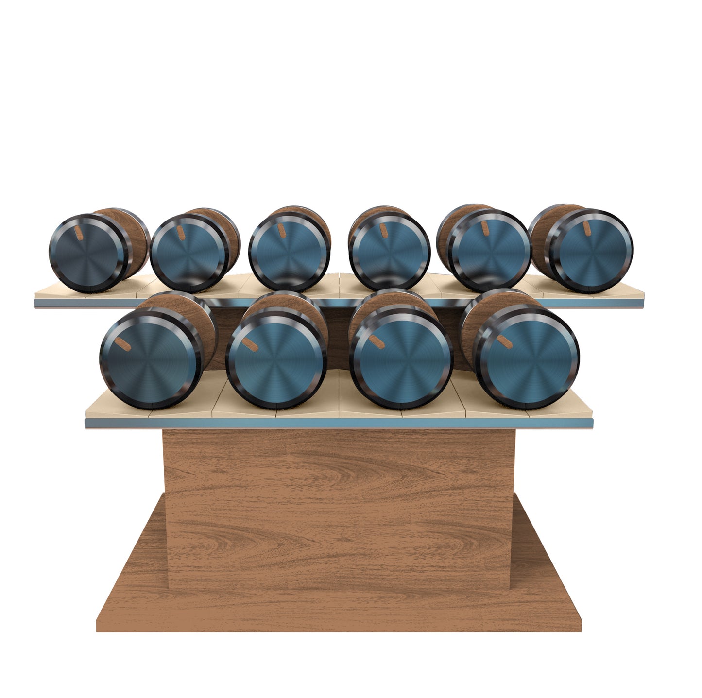 Twelve natural ash wood dumbbells on horizontal natural ash wooden stand with beige leather clad. PENT. COLMIA Ultra Power Set - Dumbbells on a Horizontal Wooden Stand