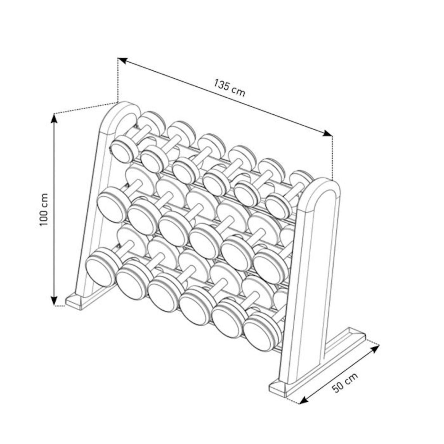 (Dimension) A premium wooden rack displaying dumbbell made with wood and stainless steel, organized neatly on multiple shelves for easy access. NOHRD DumbBells Set