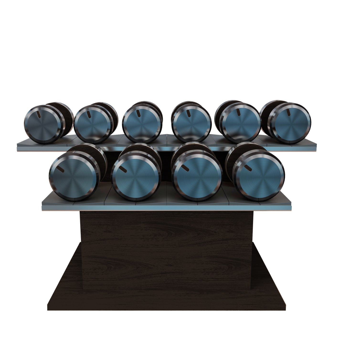 Twelve dark walnut wood dumbbells on horizontal dark walnut wooden stand with grey leather clad. PENT. COLMIA Ultra Power Set - Dumbbells on a Horizontal Wooden Stand
