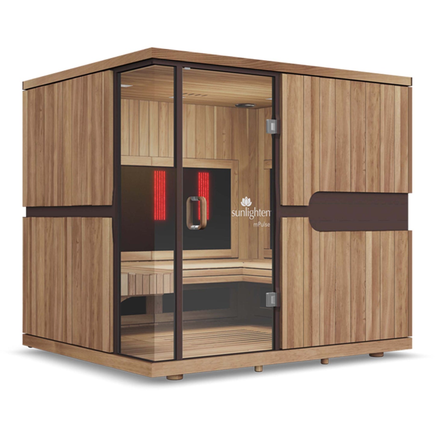 A full-spectrum infrared sauna with premium wood finish. Model (Empower), 5 person capacity. Sunlighten - mPulse Smart Infra Red Sauna
