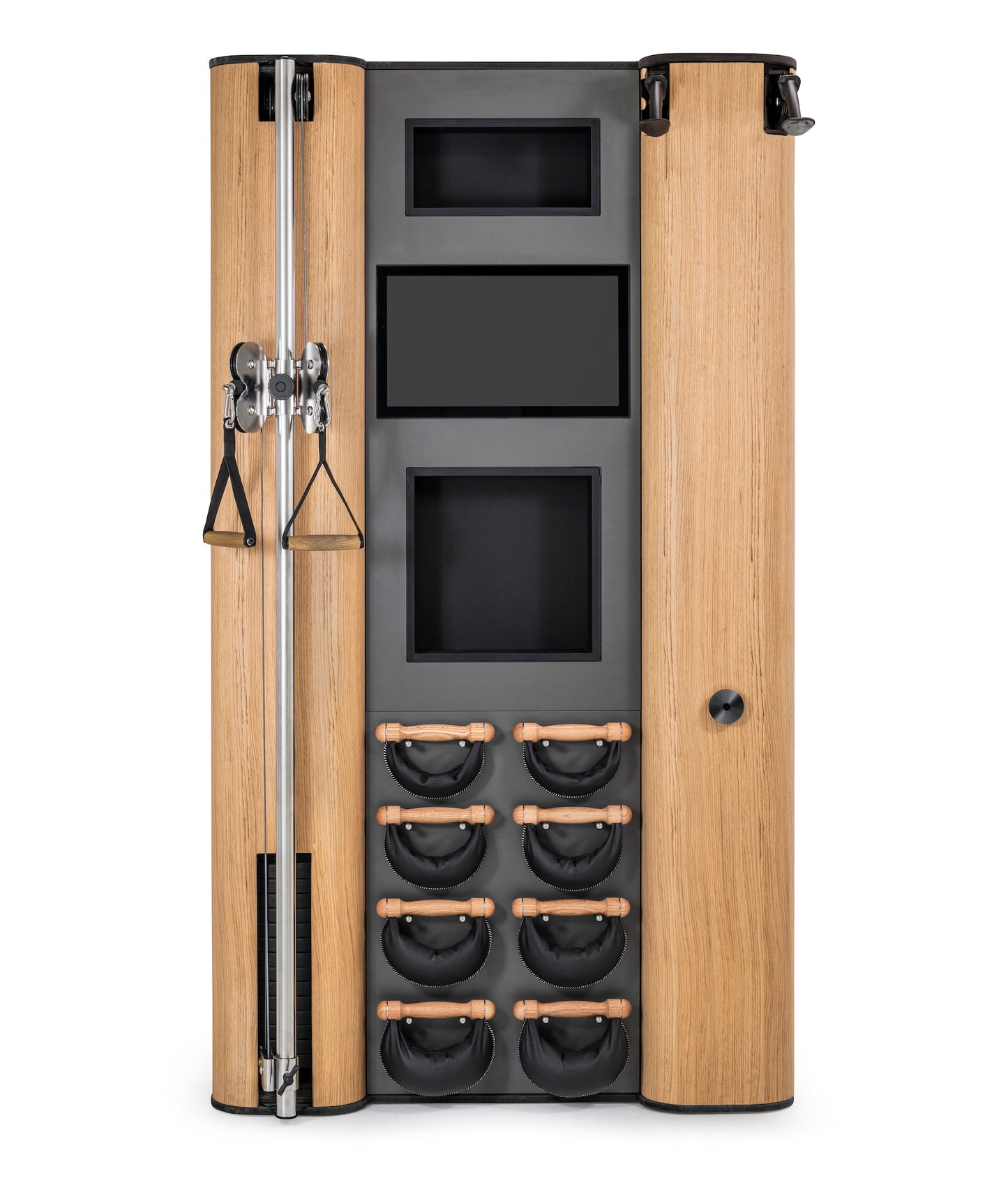 A modern full body workout equipment featuring cable machine, cross country ski trainer, four pairs of swing weight and touchscreen tablet, in ash wood finish. NOHRD Wall Compact - All-in-One Exercise Wall