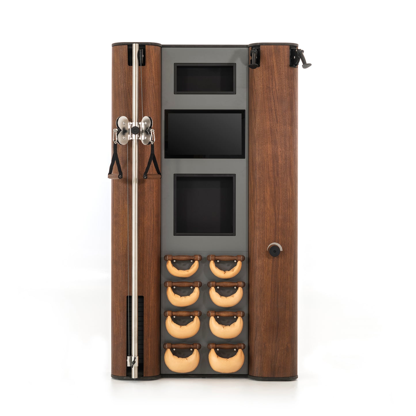 A modern full body workout equipment featuring cable machine, cross country ski trainer, four pairs of swing weight and touchscreen tablet, in walnut wood finish. NOHRD Wall Compact - All-in-One Exercise Wall