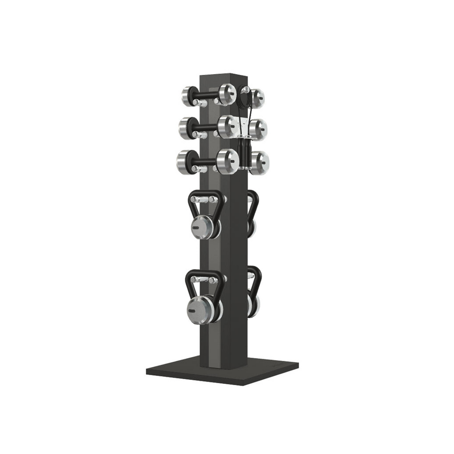 Dumbbells, kettlebells and skipping rope on a vertical blackash wooden stand, luxury fitness equipment.
