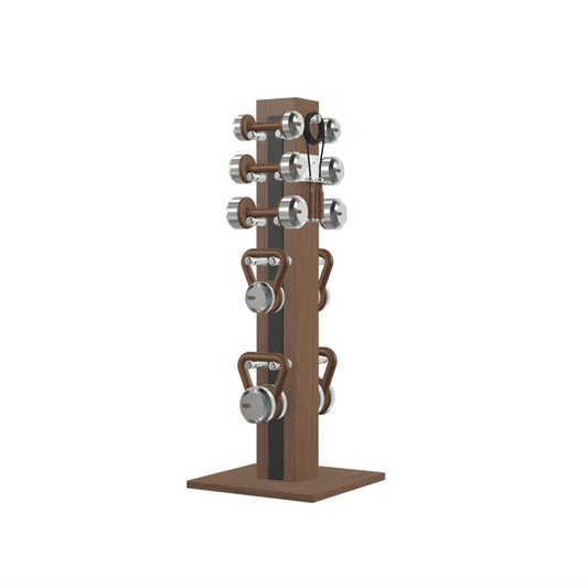 Dumbbells, kettlebells and skipping rope on a vertical walnut wooden stand, luxury fitness equipment.