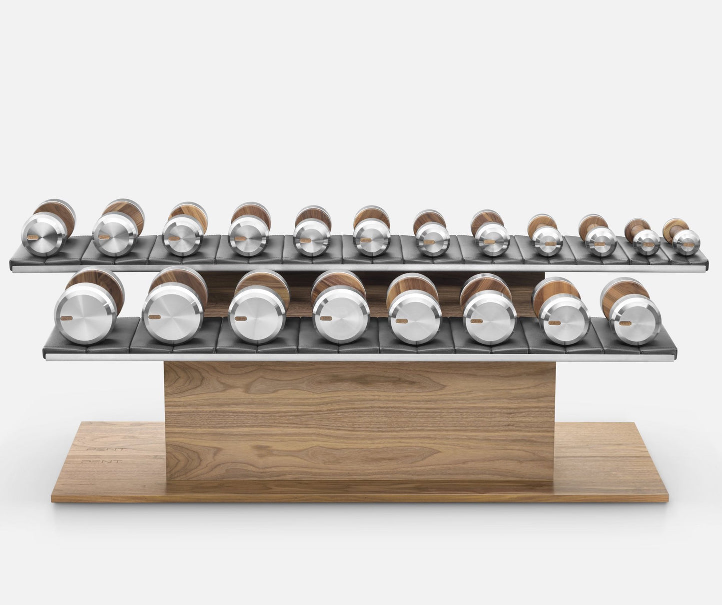 PENT Colmia Luxury Dumbbell Horizontal Set, featuring customisable options in various weight ranges, wood types, and leather combinations.