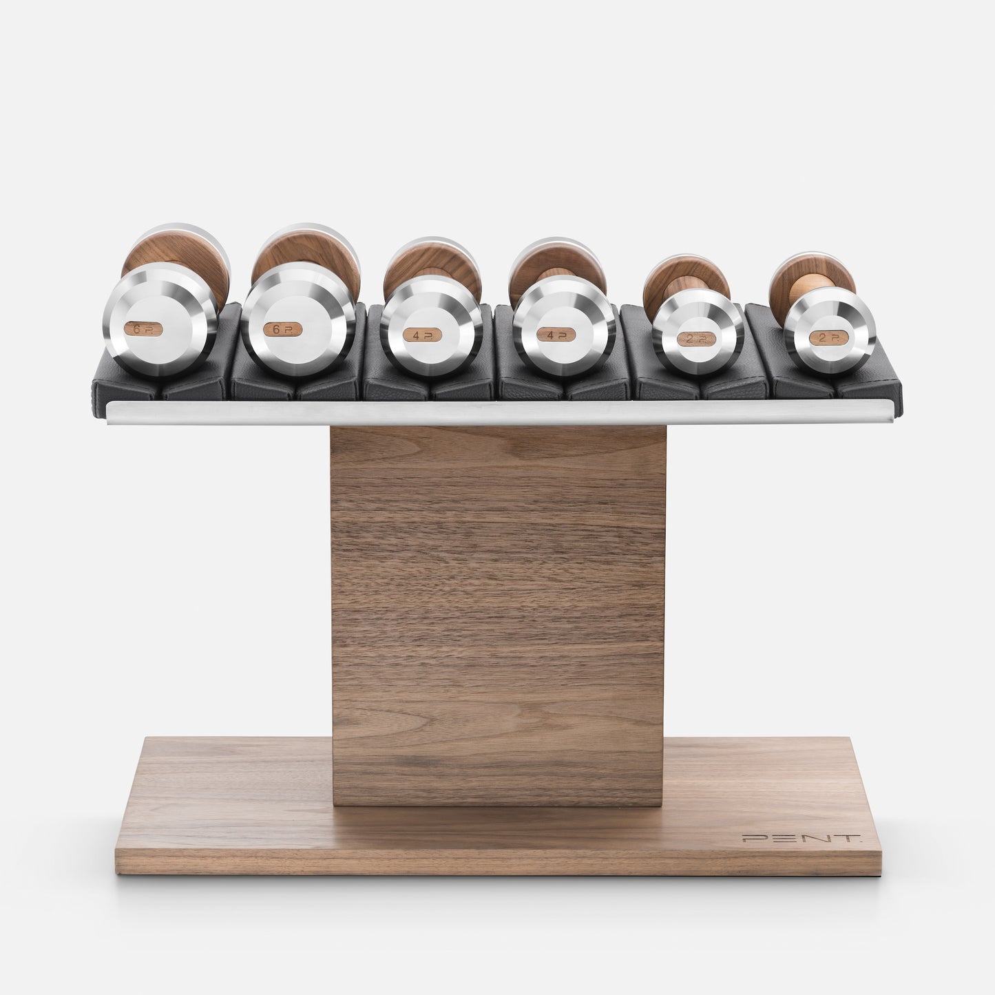 Luxury gym equipment, 3 pair of dumbbells on horizontal wooden stand, made with stainless steel, Italian white leather and natural wood.
