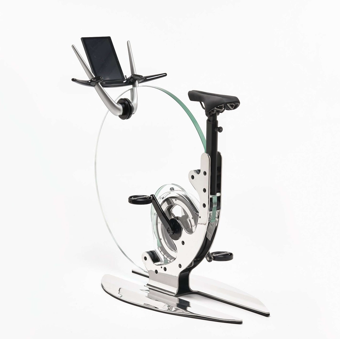 Back view of a luxurious gym equipment, Italian design exercise bike made of crystal glass. Ciclotte Teckell - Glass Exercise Bike