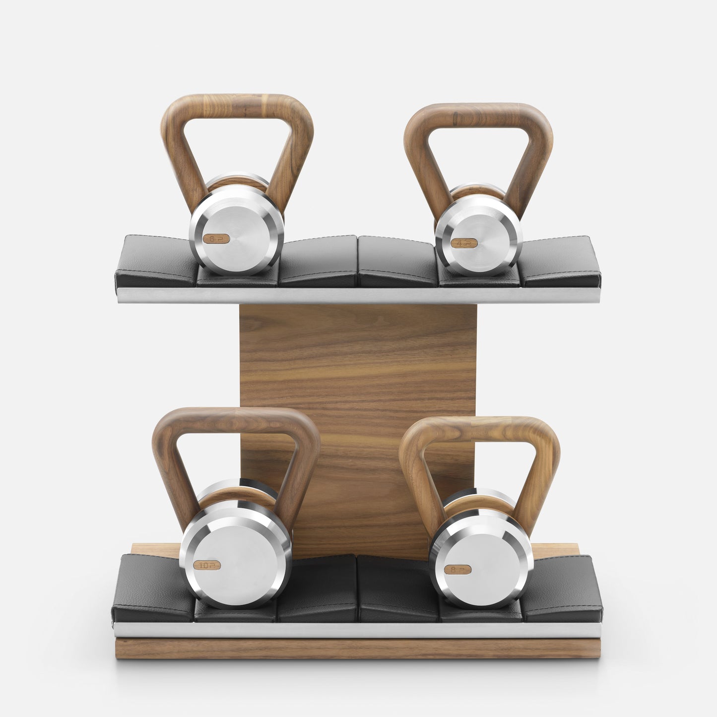 Luxury fitness equipment, luxury kettlebells on horizontal wooden stand, handcrafted with stainless steel, premium Italian leather and natural wood. PENT. LOVA Set - Kettlebells on a Horizontal Stand