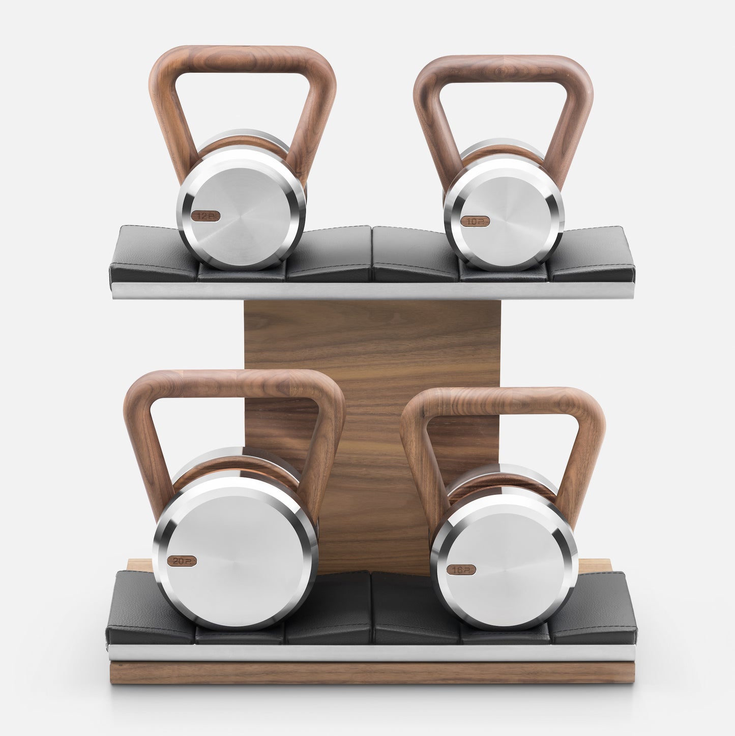 (2) Luxury fitness equipment, luxury kettlebells on horizontal wooden stand, handcrafted with stainless steel, premium Italian leather and natural wood. PENT. LOVA Set - Kettlebells on a Horizontal Stand