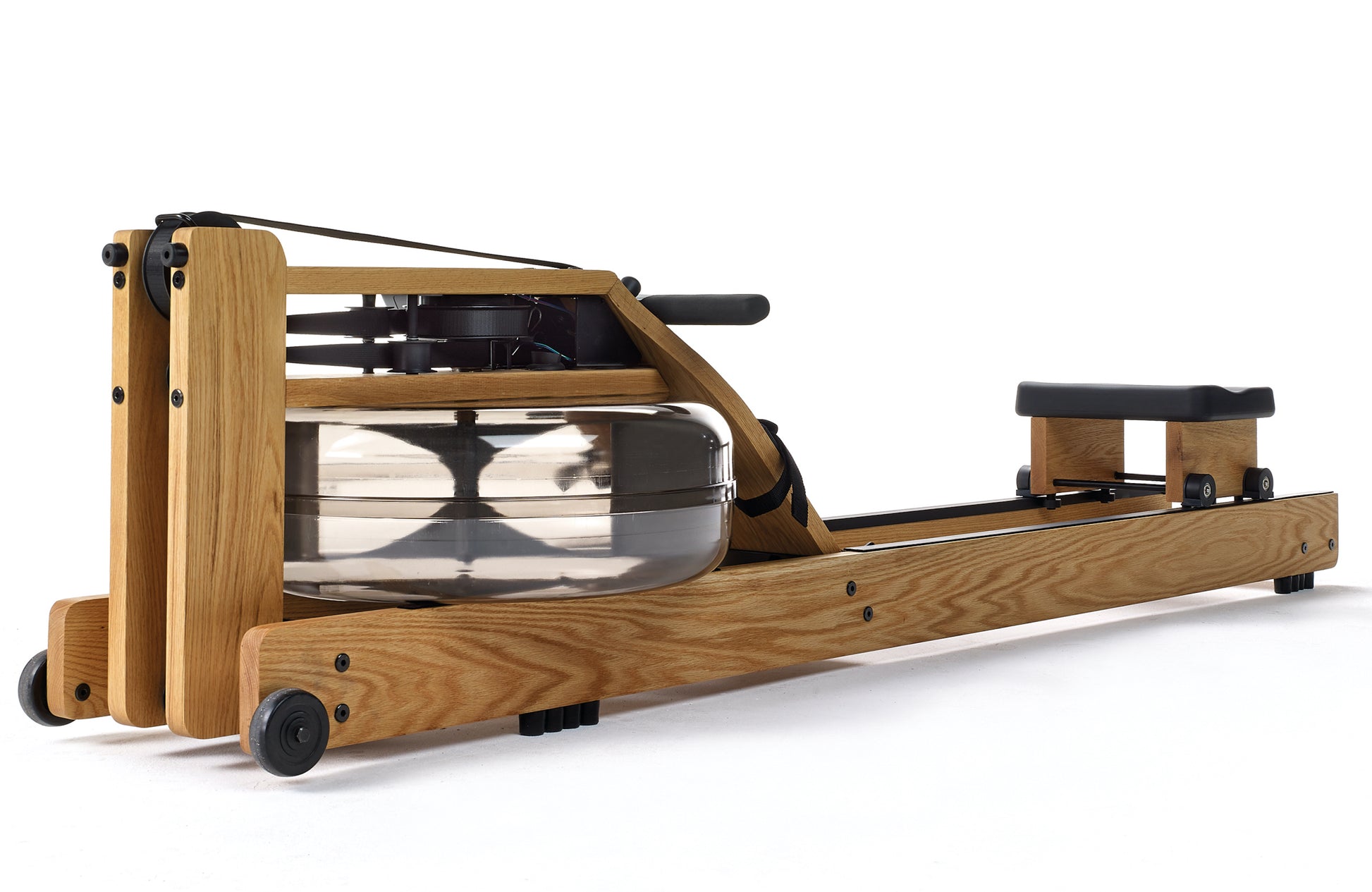 Front view of a luxurious home gym equipment, rowing machine with water resistance, made with high quality wood in oak wood finish. NOHRD Water Rower S4 - Rowing Machine