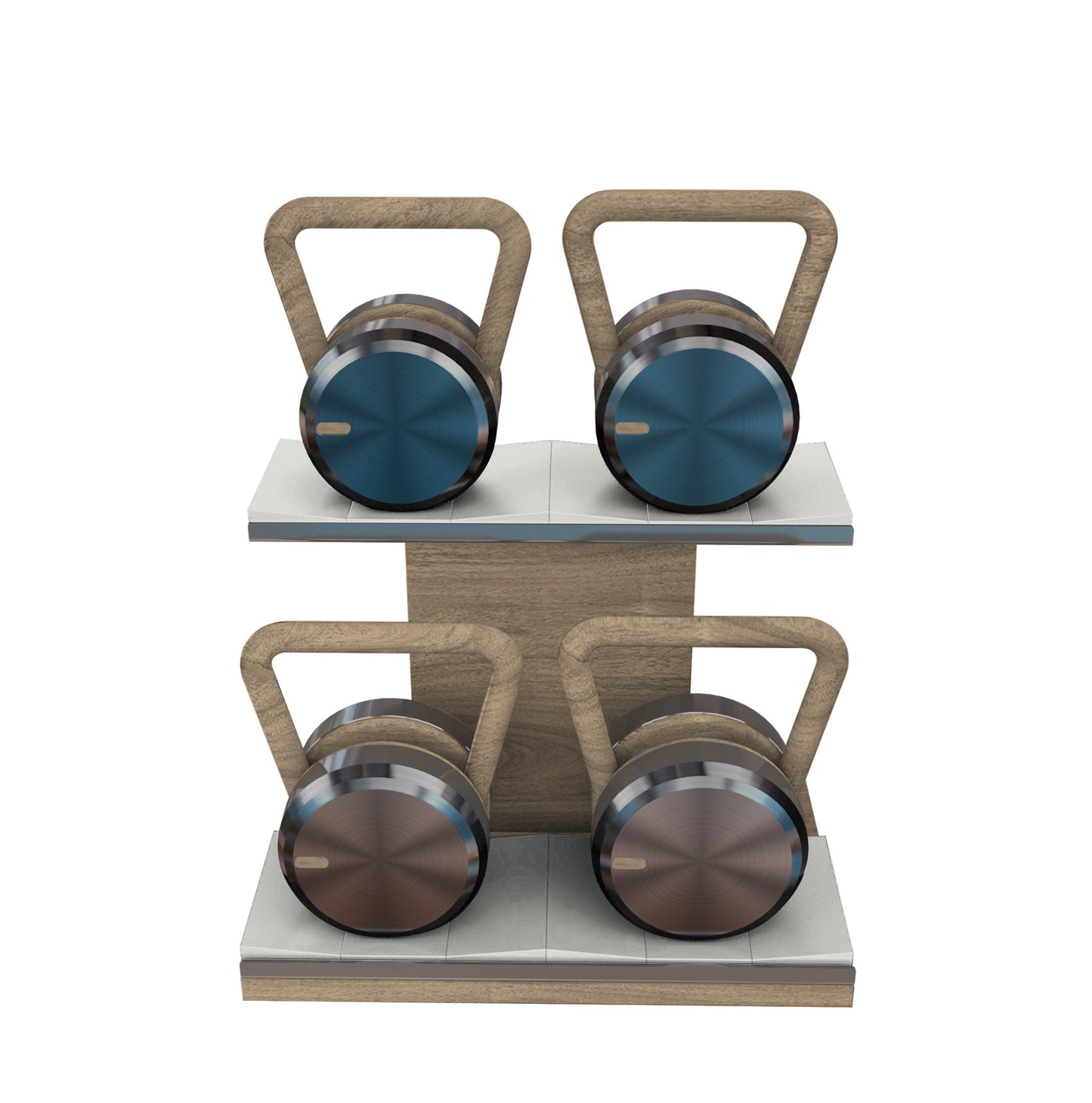 Luxury fitness equipment, 4 luxury kettlebells on horizontal wooden stand, handcrafted with stainless steel, premium Italian leather and natural wood. Custom variation 6. PENT. LOVA Set - Kettlebells on a Horizontal Stand