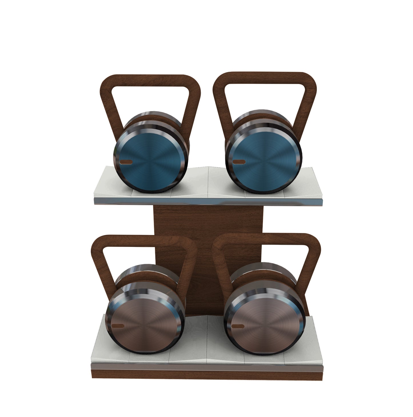 Luxury fitness equipment, 4 luxury kettlebells on horizontal wooden stand, handcrafted with stainless steel, premium Italian leather and natural wood. Custom variation 5. PENT. LOVA Set - Kettlebells on a Horizontal Stand