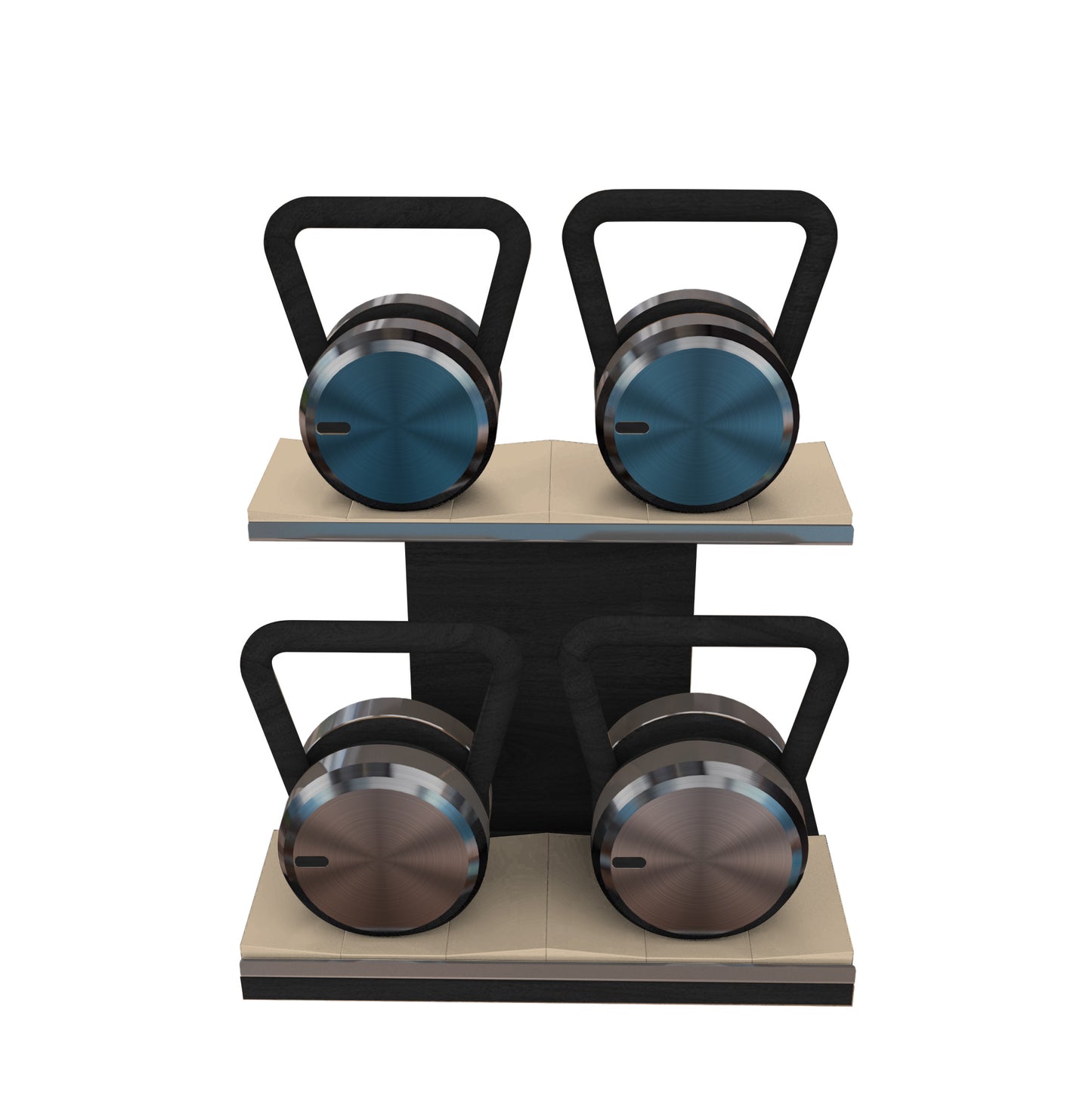 Luxury fitness equipment, 4 luxury kettlebells on horizontal wooden stand, handcrafted with stainless steel, premium Italian leather and natural wood. Custom variation 12. PENT. LOVA Set - Kettlebells on a Horizontal Stand
