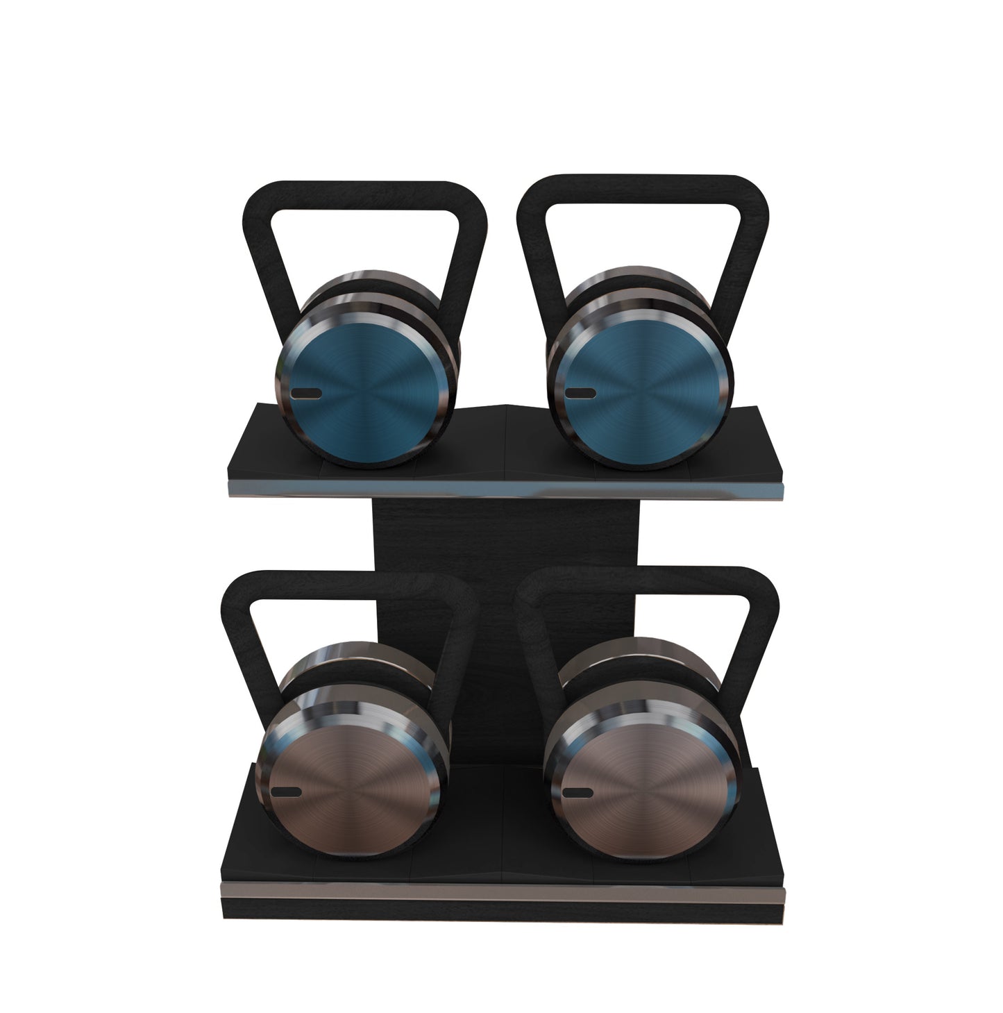 Luxury fitness equipment, 4 luxury kettlebells on horizontal wooden stand, handcrafted with stainless steel, premium Italian leather and natural wood. Custom variation 20. PENT. LOVA Set - Kettlebells on a Horizontal Stand