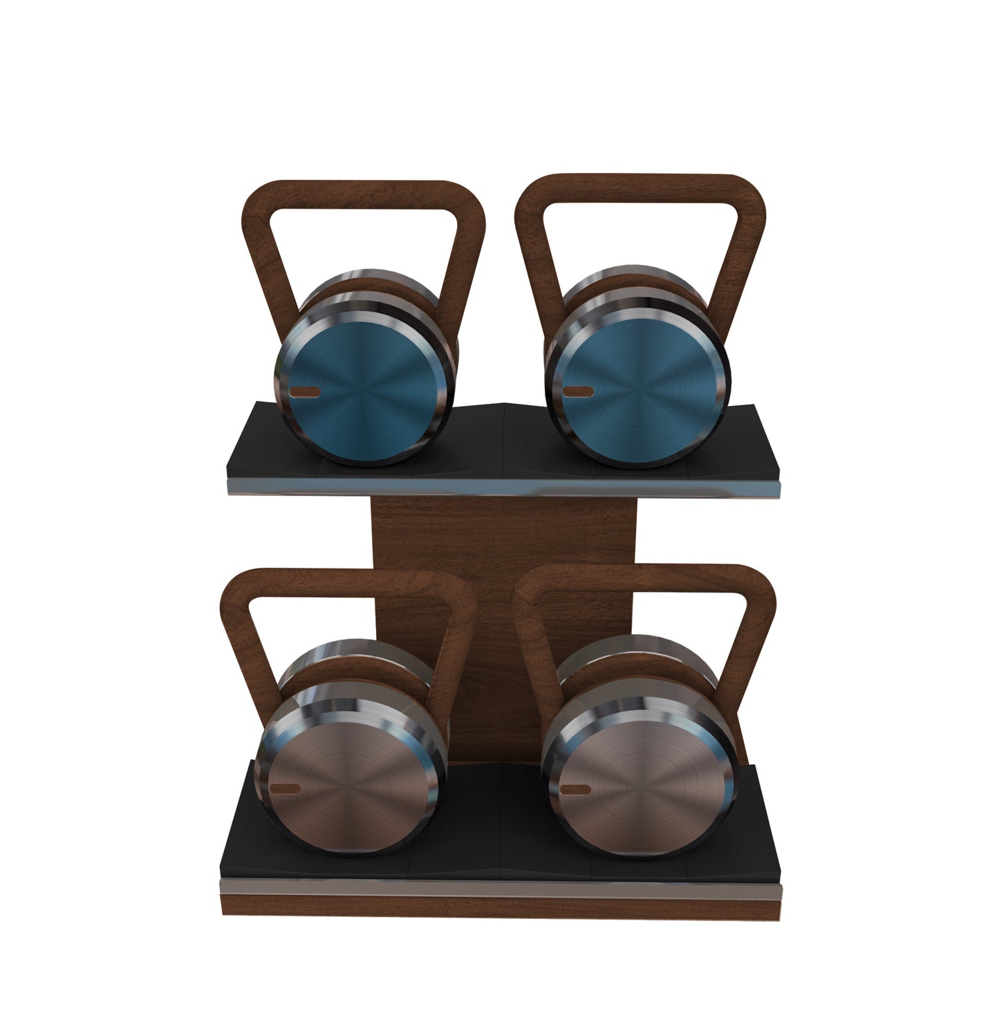 Luxury fitness equipment, 4 luxury kettlebells on horizontal wooden stand, handcrafted with stainless steel, premium Italian leather and natural wood. Custom variation 19. PENT. LOVA Set - Kettlebells on a Horizontal Stand