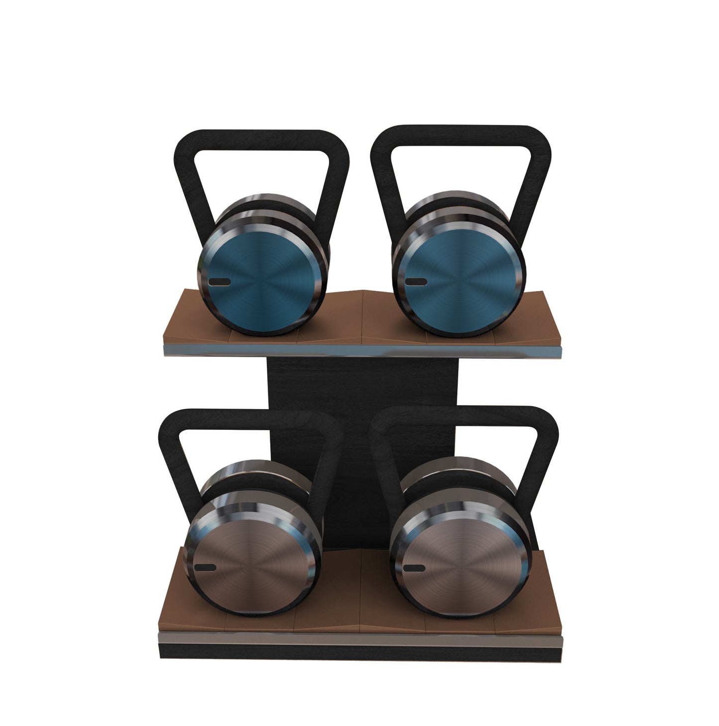 Luxury fitness equipment, 4 luxury kettlebells on horizontal wooden stand, handcrafted with stainless steel, premium Italian leather and natural wood. Custom variation 17. PENT. LOVA Set - Kettlebells on a Horizontal Stand