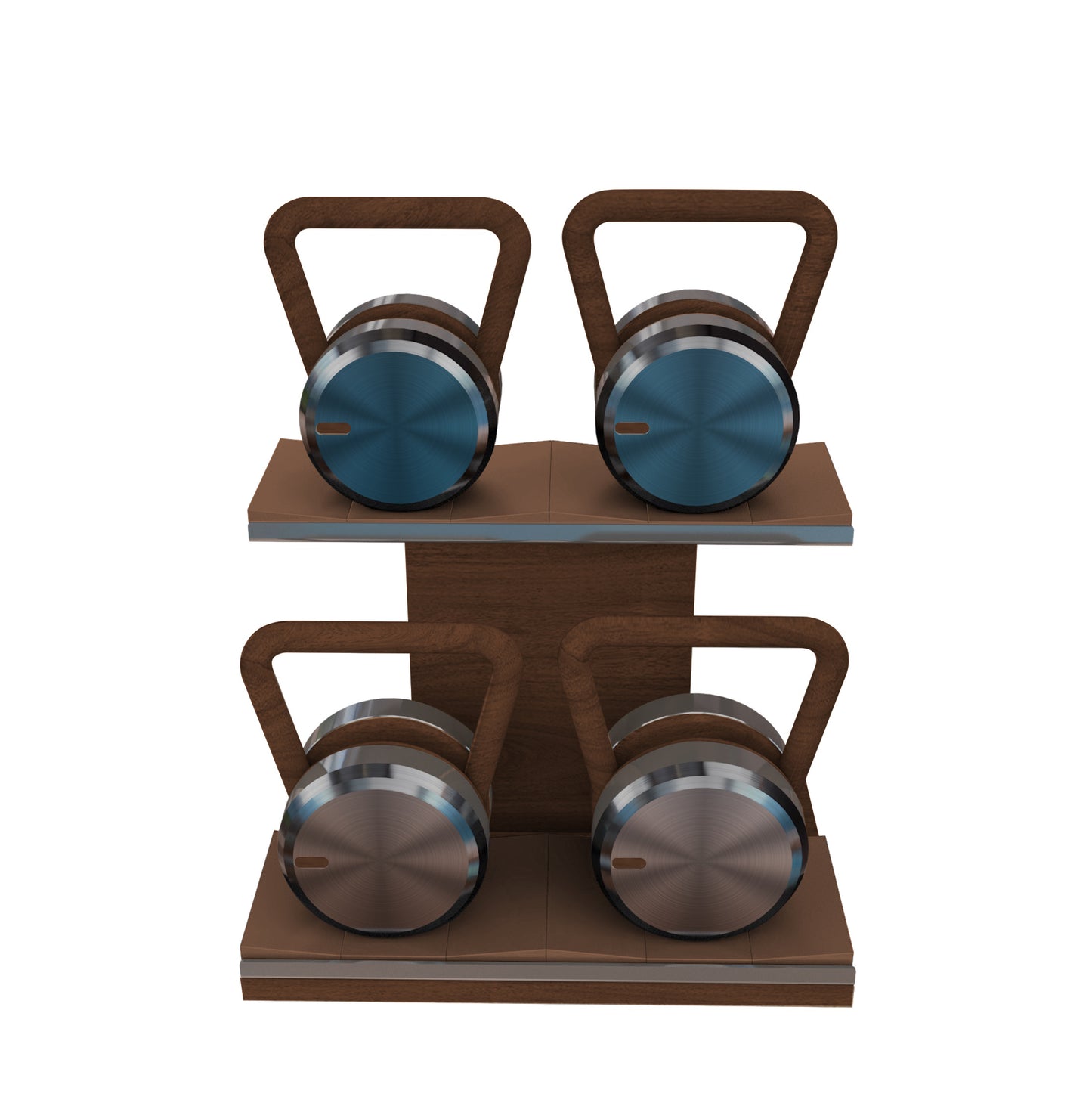 Luxury fitness equipment, 4 luxury kettlebells on horizontal wooden stand, handcrafted with stainless steel, premium Italian leather and natural wood. Custom variation 15. PENT. LOVA Set - Kettlebells on a Horizontal Stand