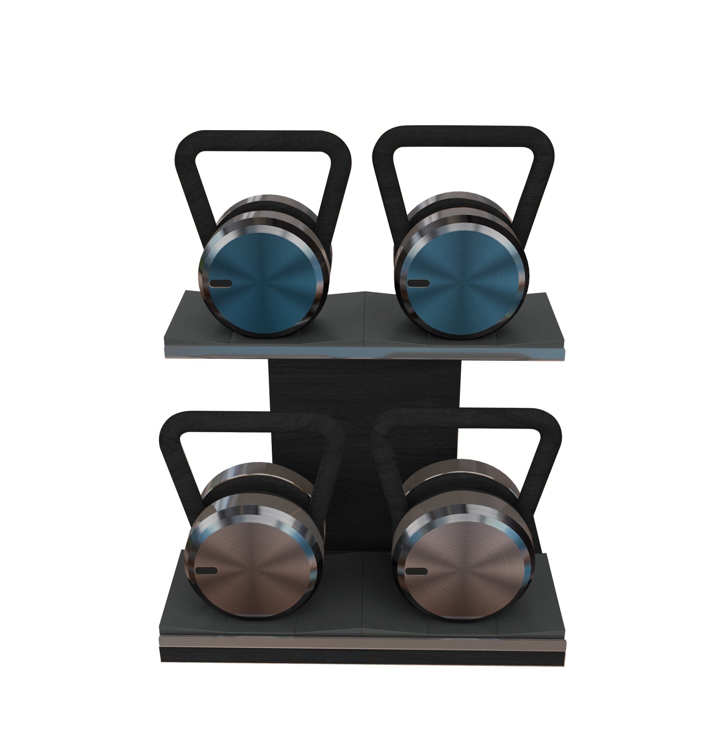 Luxury fitness equipment, 4 luxury kettlebells on horizontal wooden stand, handcrafted with stainless steel, premium Italian leather and natural wood. Custom variation 22. PENT. LOVA Set - Kettlebells on a Horizontal Stand