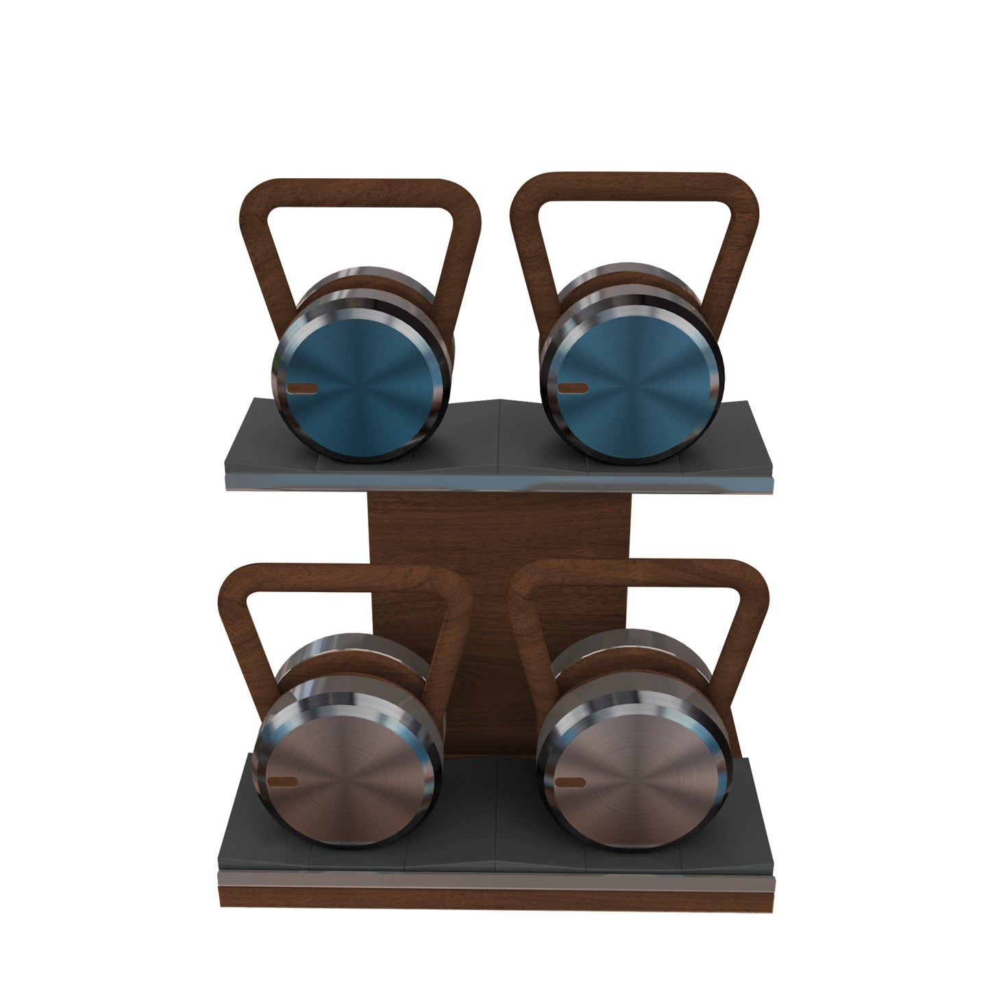 Luxury fitness equipment, 4 luxury kettlebells on horizontal wooden stand, handcrafted with stainless steel, premium Italian leather and natural wood. Custom variation 24. PENT. LOVA Set - Kettlebells on a Horizontal Stand