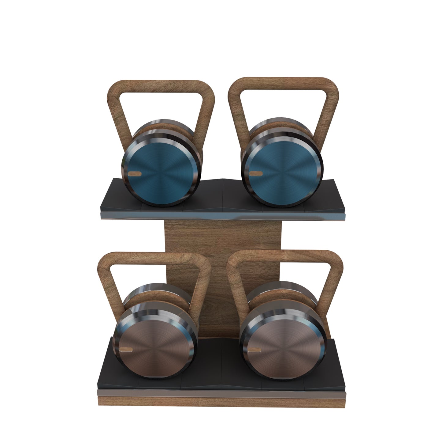 Luxury fitness equipment, 4 luxury kettlebells on horizontal wooden stand, handcrafted with stainless steel, premium Italian leather and natural wood. Custom variation 1. PENT. LOVA Set - Kettlebells on a Horizontal Stand
