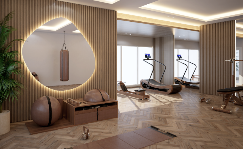 Elegant gym design with luxurious fitness equipments