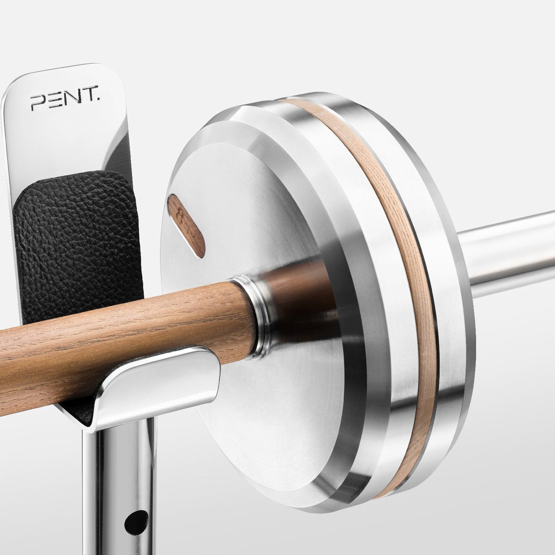 Close up view of the barbell made with stainless steel and natural wood. PENT. LESNA - Luxury Barbell Set