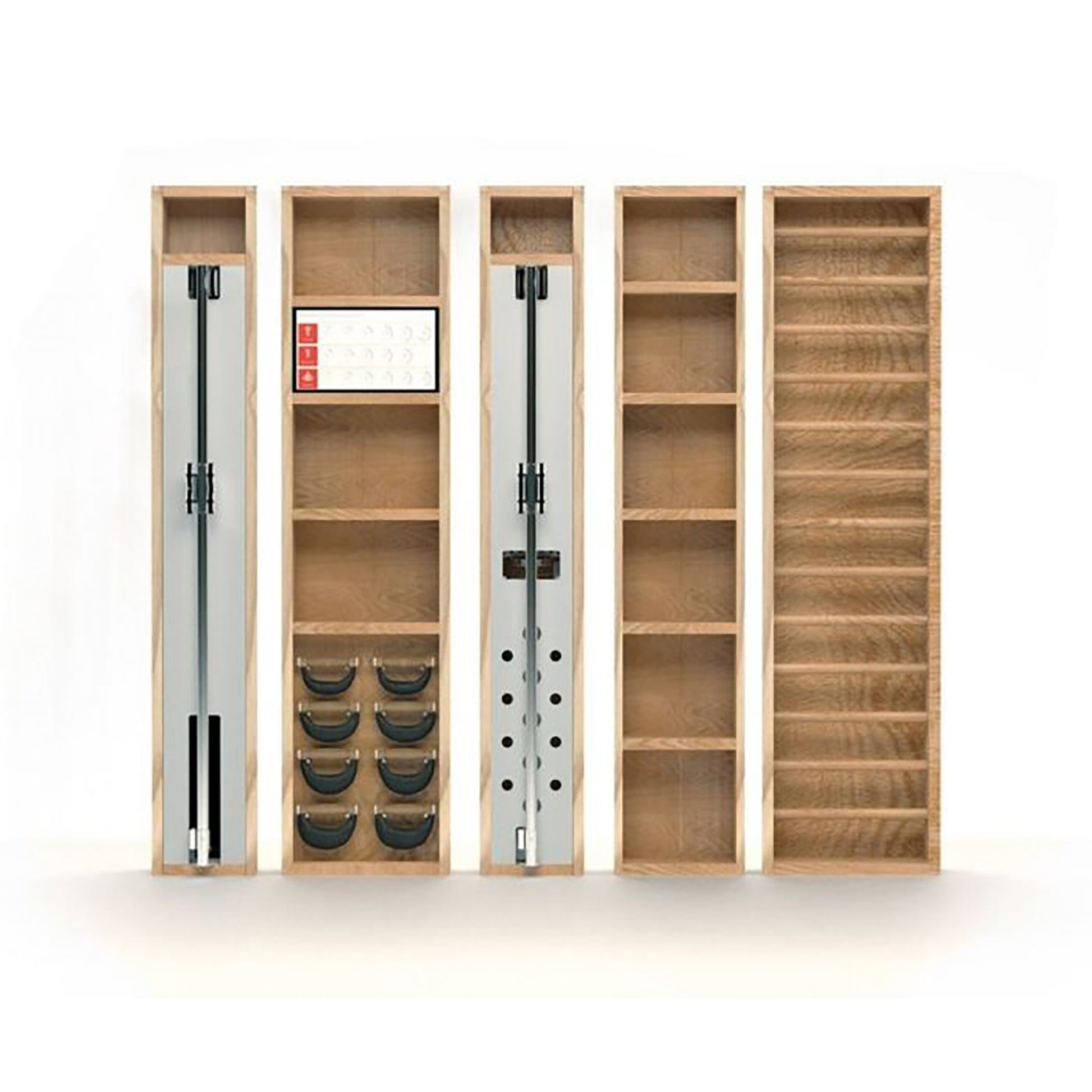 A luxurious home gym equipment, cable machine, four pairs of swing weights, wall bar, touchscreen tablet and shelving, all in natural wood finish. NOHRD Wall - The Modular Solution