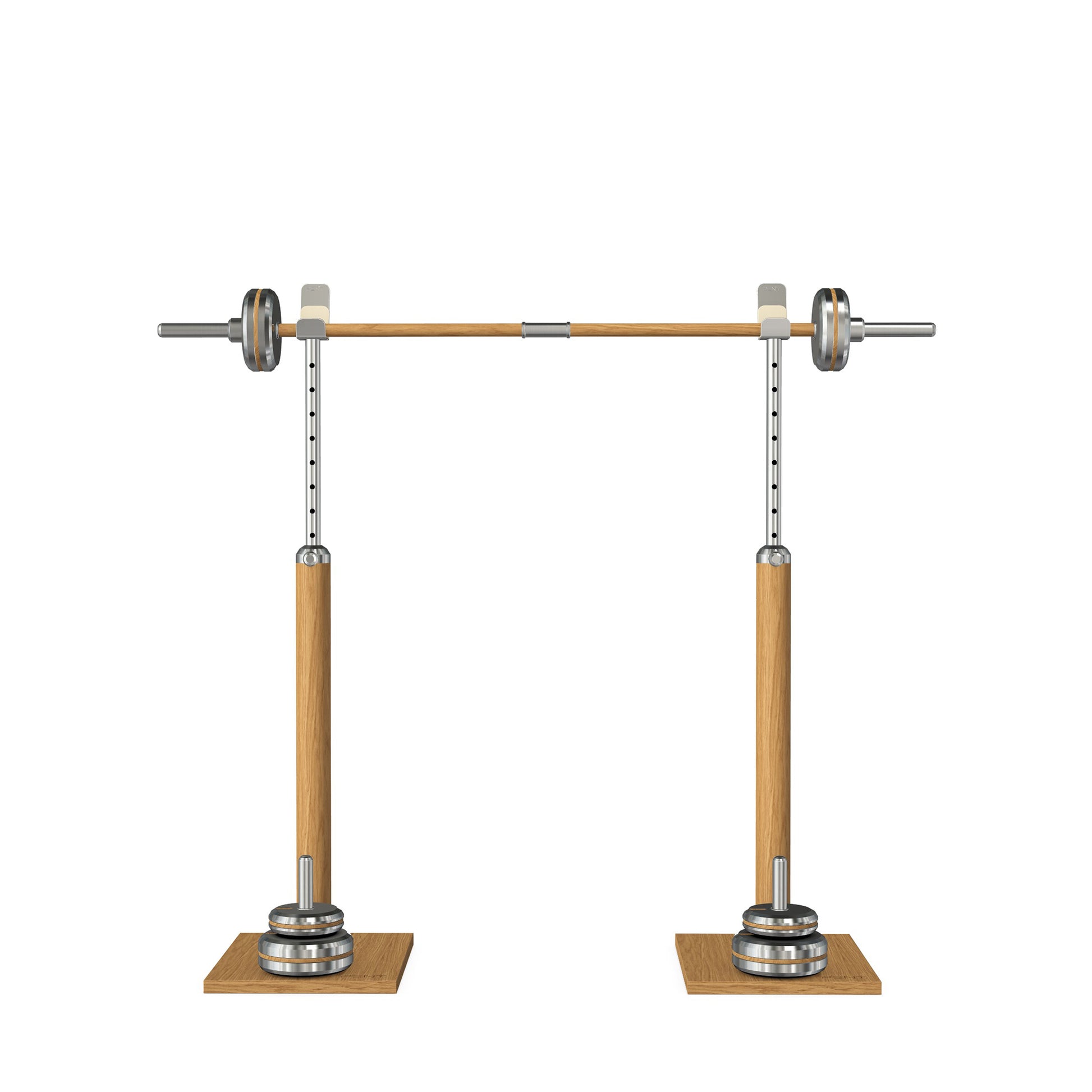 Luxury gym equipment, premium bench press rack and barbell made with stainless steel and natural oak wood. PENT. BYSTRA - Luxury Bench Press Set