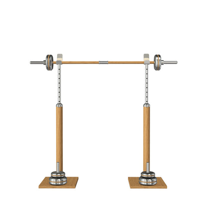 Luxury gym equipment, premium bench press rack and barbell made with stainless steel and natural oak wood. PENT. BYSTRA - Luxury Bench Press Set