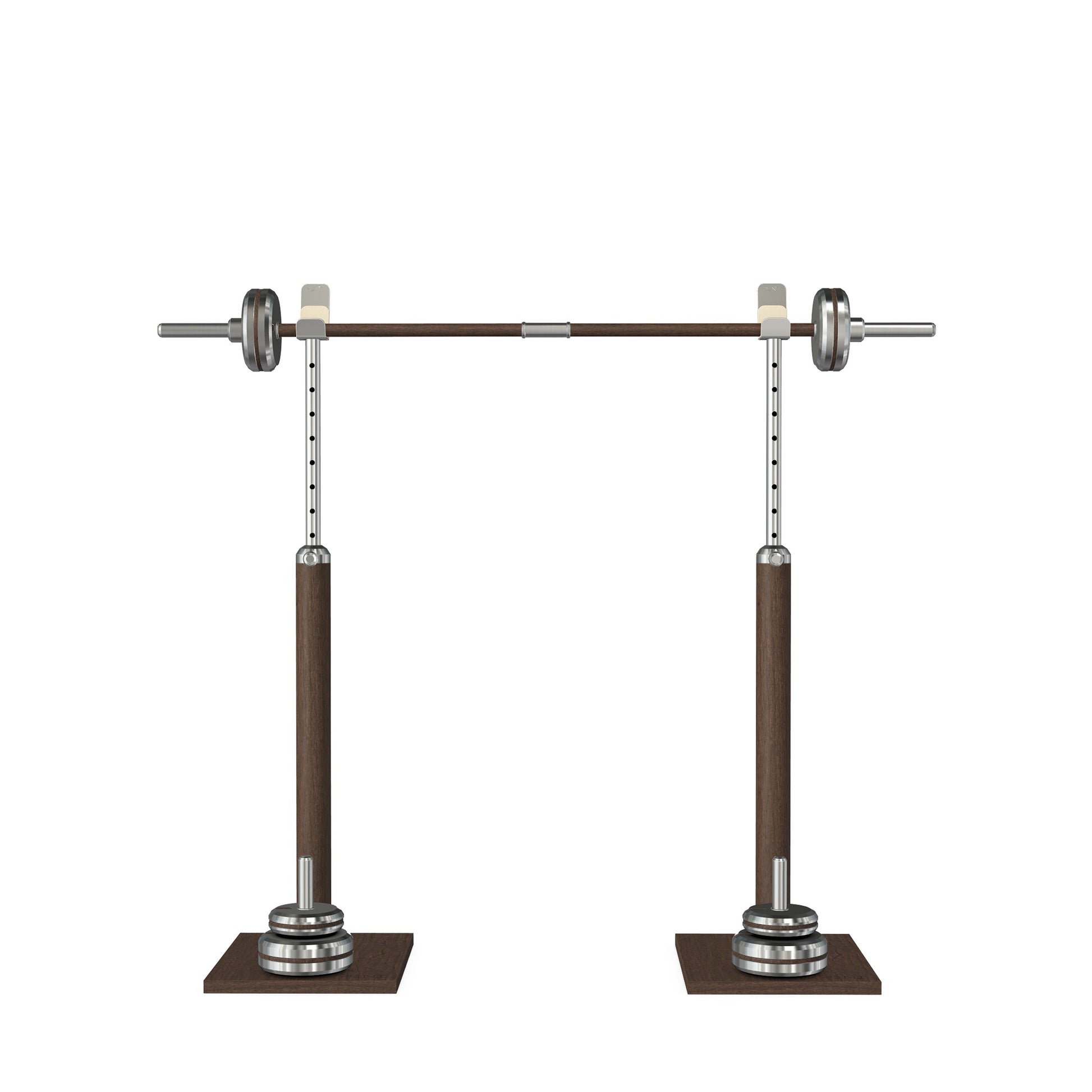 Luxury gym equipment, premium bench press rack and barbell made with stainless steel and natural walnut wood. PENT. BYSTRA - Luxury Bench Press Set