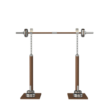 Luxury gym equipment, premium bench press rack and barbell made with stainless steel and dark walnut wood. PENT. BYSTRA - Luxury Bench Press Set