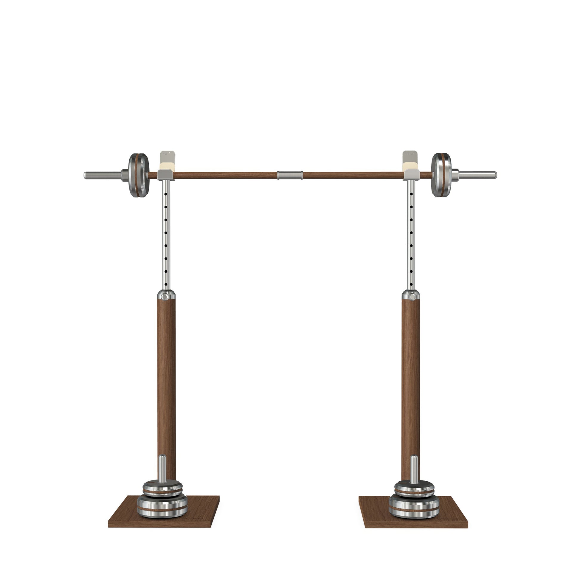 Luxury gym equipment, premium bench press rack and barbell made with stainless steel and dark walnut wood. PENT. BYSTRA - Luxury Bench Press Set
