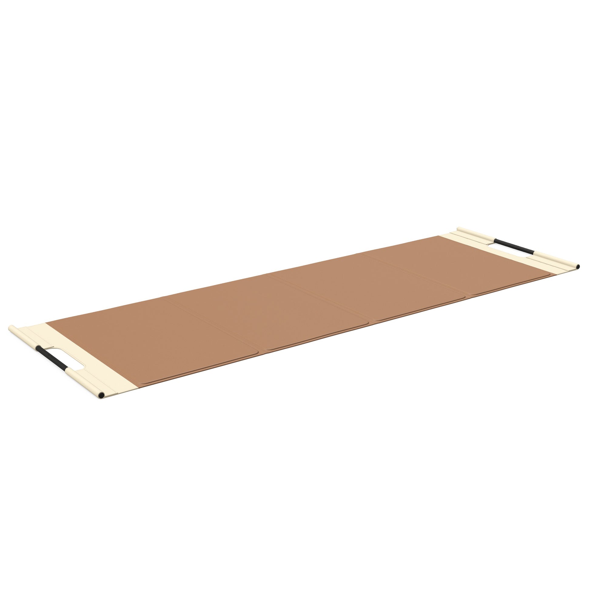 Luxurious fitness equipment, premium exercise mat handcrafted with natural wood and genuine Italian leather, customize in brown base leather, beige accent leather and black ash wood. PENT. MATA