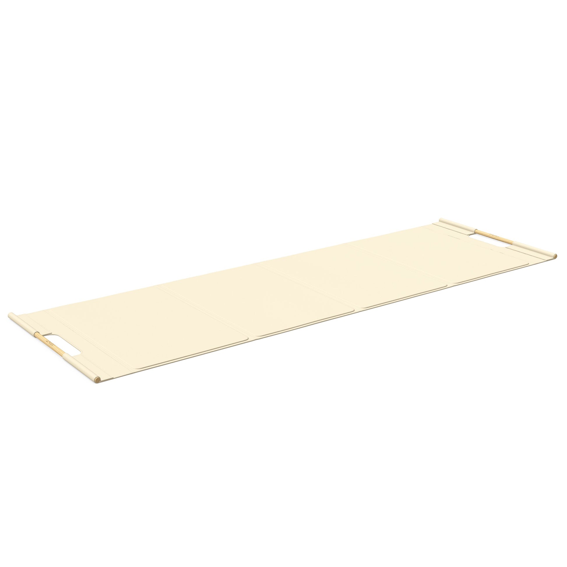 Luxurious fitness equipment, premium exercise mat handcrafted with natural wood and genuine Italian leather, customize in beige base leather, beige accent leather and natural ash wood. PENT. MATA