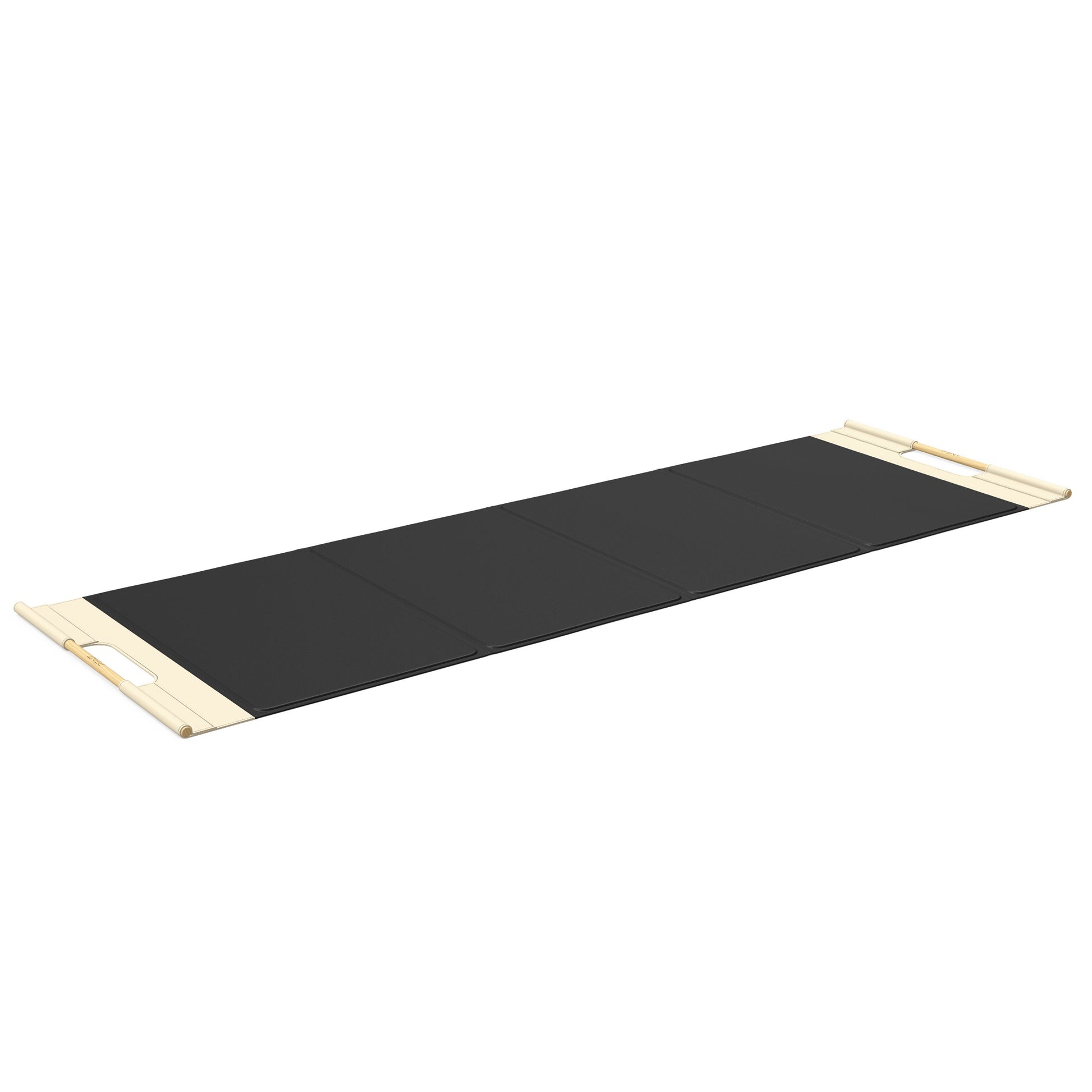 Luxurious fitness equipment, premium exercise mat handcrafted with natural wood and genuine Italian leather, customize in black base leather, beige accent leather and natural ash wood. PENT. MATA