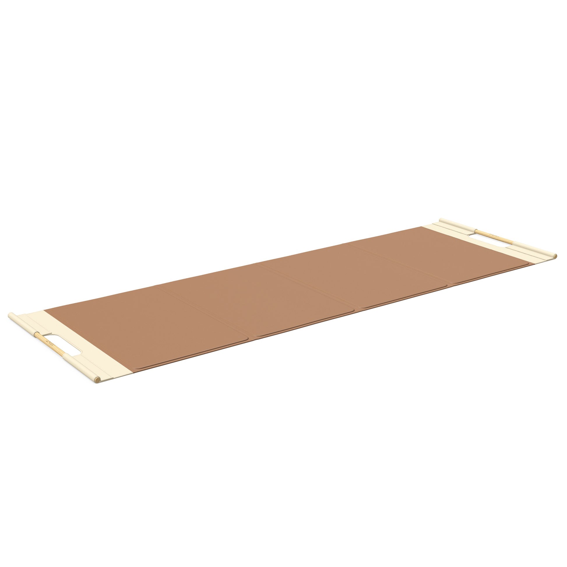 Luxurious fitness equipment, premium exercise mat handcrafted with natural wood and genuine Italian leather, customize in brown base leather, beige accent leather and natural ash wood. PENT. MATA